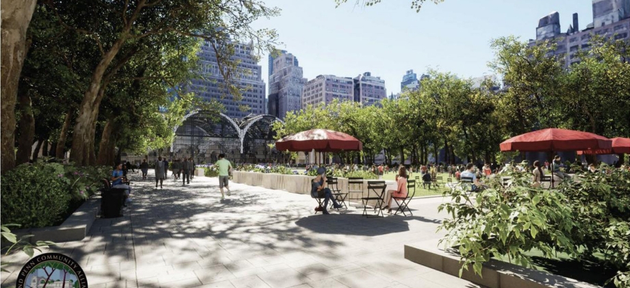 Artist rendering of Grand Penn Park in New York, looking east.